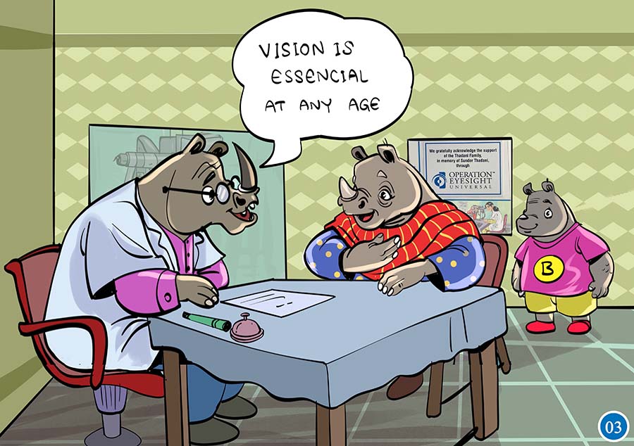 An illustration shows an elderly lady speaking to a health worker while a child looks on. All three characters are depicted as rhinoceroses. 